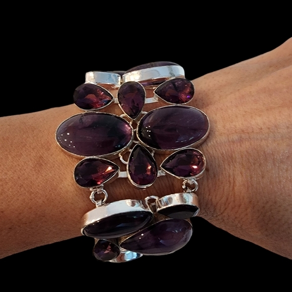 Silver amethyst gemstone bracelet chunky statement bracelet plus glass stones - Picture 13 of 15